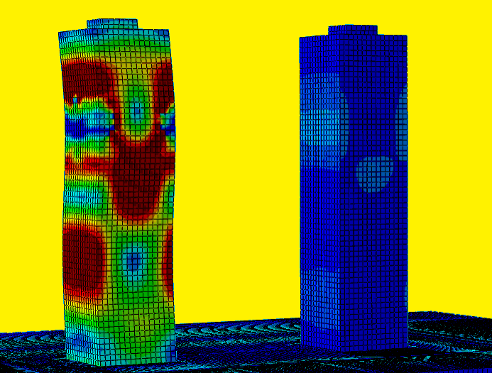 Сравнение уровня напряжений в высотных зданиях без системы сейсмозащиты (слева) и в защищенном с помощью сейсмического барьера и подушек (справа). Сейсмическое воздействие отвечает землетрясению интенсивности 9.5 баллов по шкалам MSK-64 и MMC