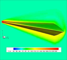 Пространственное распределение температуры при обтекании высокоскоростного летательного аппарата Waverider при М=7.36