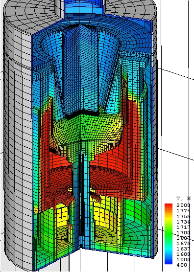 The optimized hot zone design of the furnace "Redmet-90M" for growing large-diameter silicon crystals was proposed on the basis of mathematical modeling