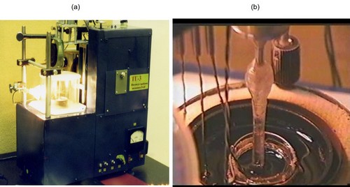 Tabletop setup for Czochralski crystal growth "TH-3" (a) and the sodium nitrate crystal growth in "TH-3" (b).